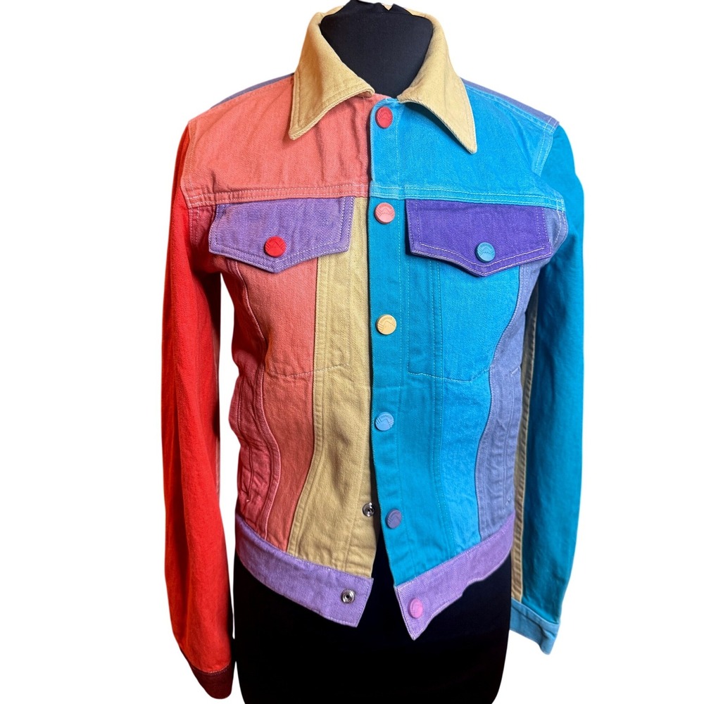VTG Mokuyobi Rainbow Colorblock Denim Jacket Made in USA Dopamine Dressing XXS‎